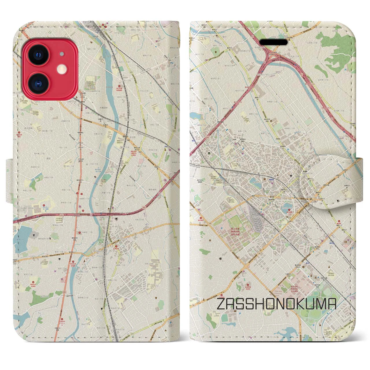 【雑餉隈】地図柄iPhoneケース（手帳両面タイプ・ナチュラル）iPhone 11 用