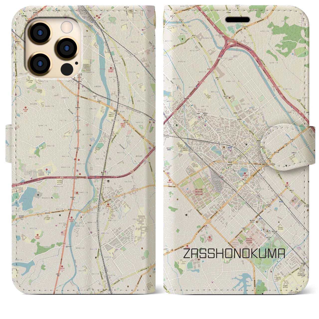 【雑餉隈】地図柄iPhoneケース（手帳両面タイプ・ナチュラル）iPhone 12 Pro Max 用