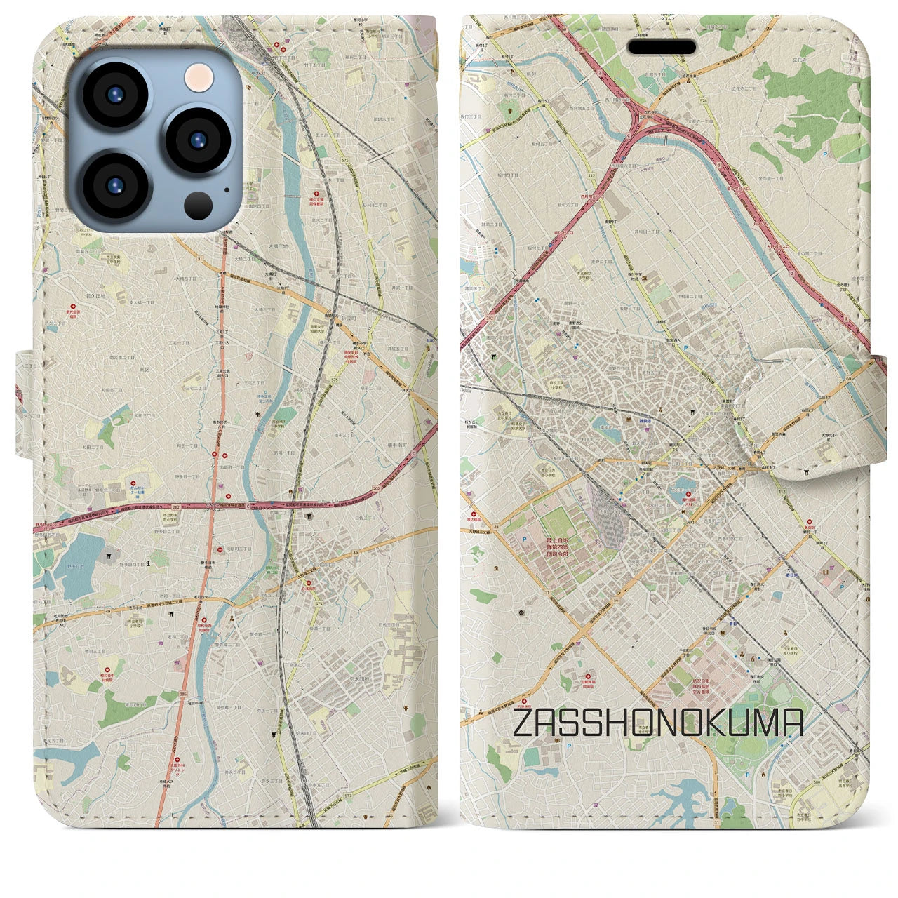 【雑餉隈】地図柄iPhoneケース（手帳両面タイプ・ナチュラル）iPhone 13 Pro Max 用