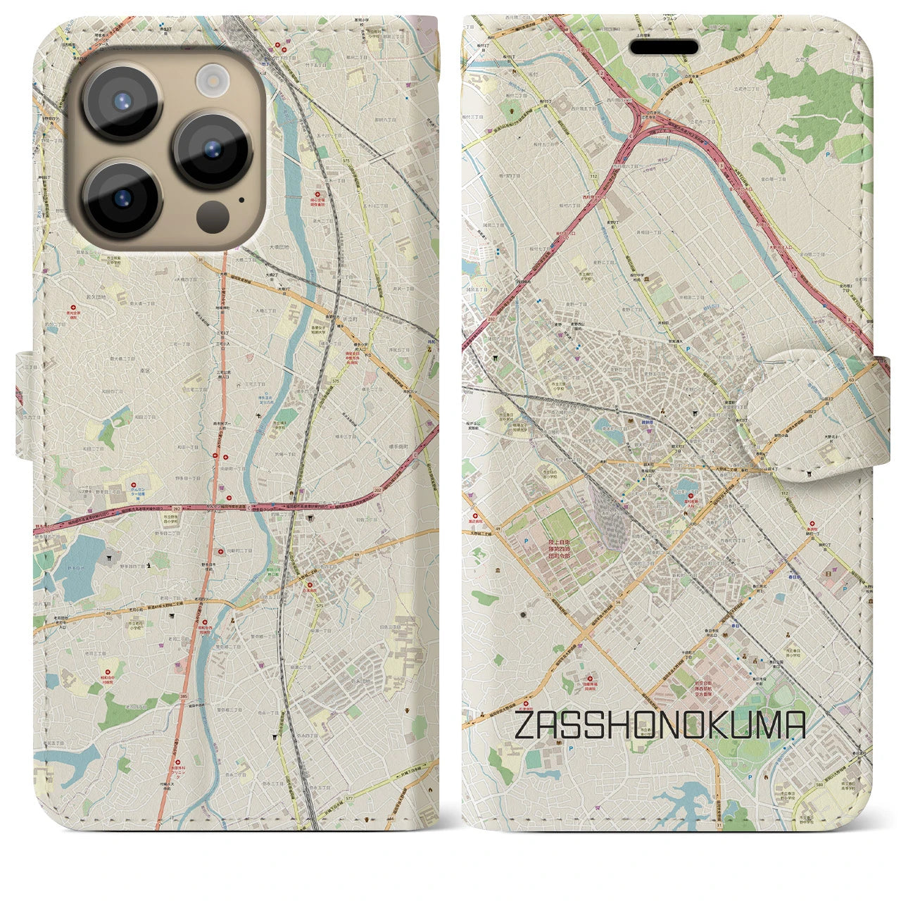 【雑餉隈】地図柄iPhoneケース（手帳両面タイプ・ナチュラル）iPhone 14 Pro Max 用