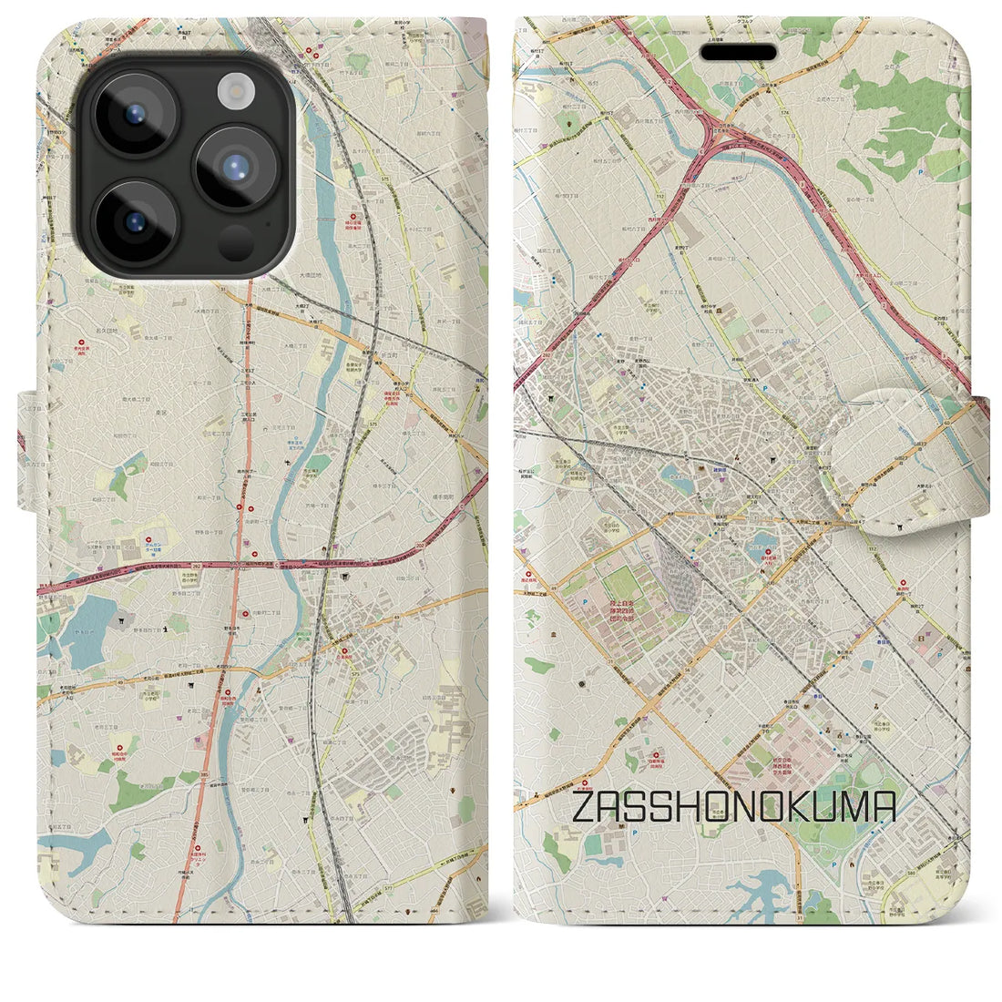 【雑餉隈】地図柄iPhoneケース（手帳両面タイプ・ナチュラル）iPhone 15 Pro Max 用