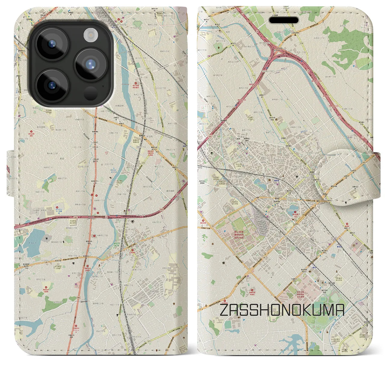 【雑餉隈】地図柄iPhoneケース（手帳両面タイプ・ナチュラル）iPhone 15 Pro Max 用