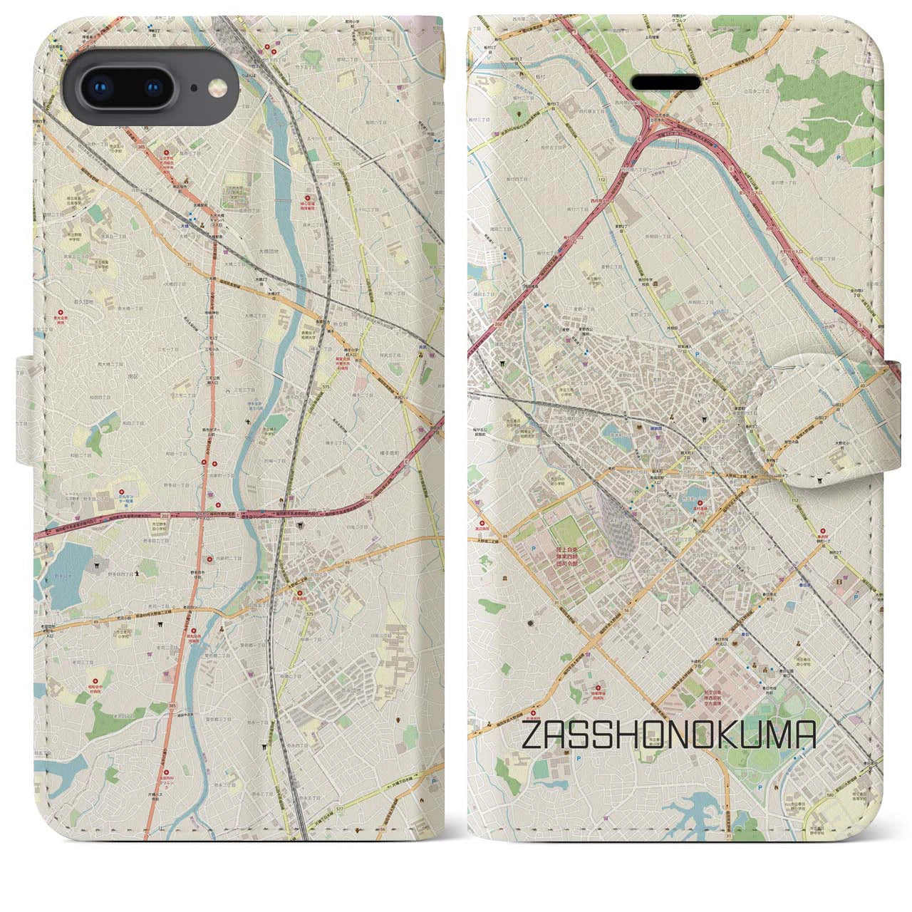 【雑餉隈】地図柄iPhoneケース（手帳両面タイプ・ナチュラル）iPhone 8Plus /7Plus / 6sPlus / 6Plus 用