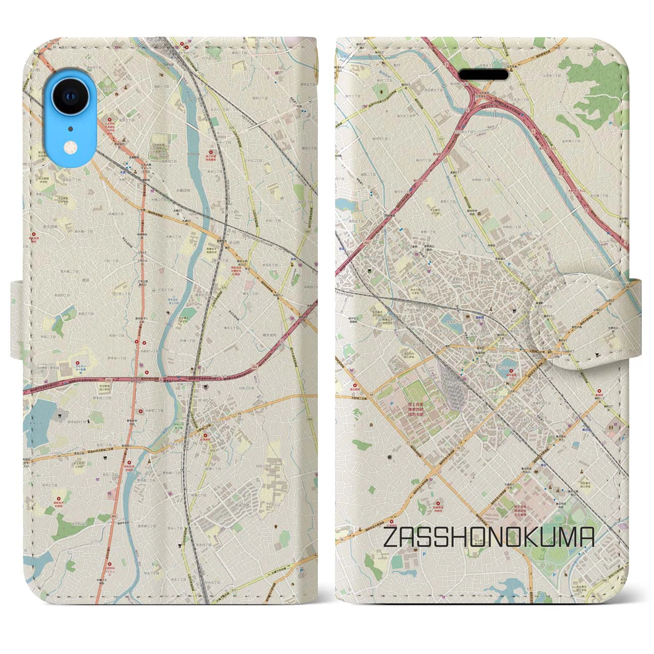 【雑餉隈】地図柄iPhoneケース（手帳両面タイプ・ナチュラル）iPhone XR 用
