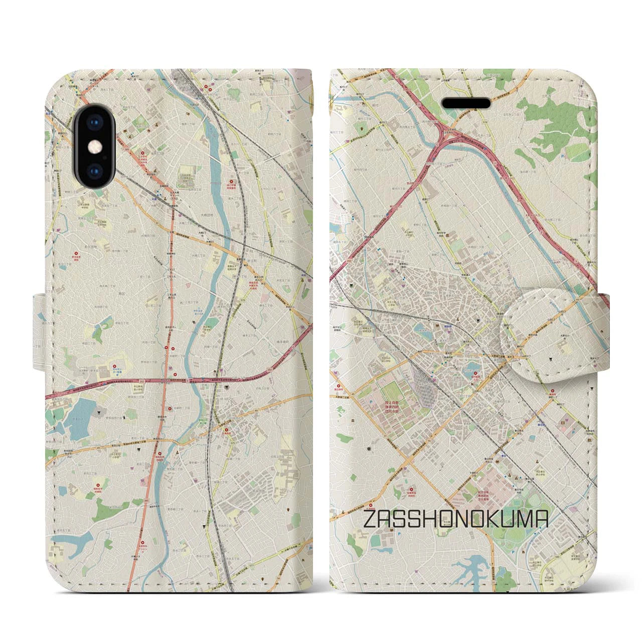 【雑餉隈】地図柄iPhoneケース（手帳両面タイプ・ナチュラル）iPhone XS / X 用