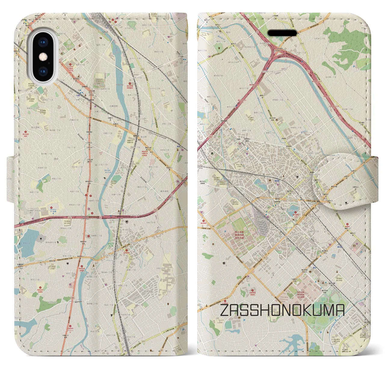 【雑餉隈】地図柄iPhoneケース（手帳両面タイプ・ナチュラル）iPhone XS Max 用