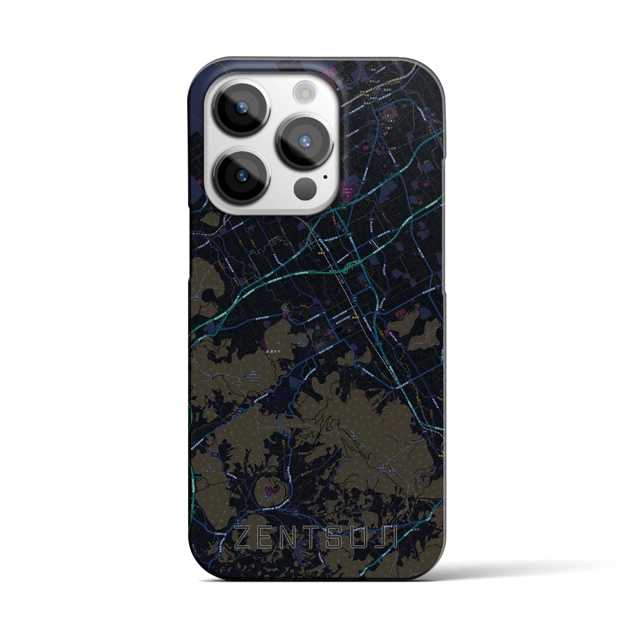 【善通寺】地図柄iPhoneケース（バックカバータイプ・ブラック）iPhone 14 Pro 用