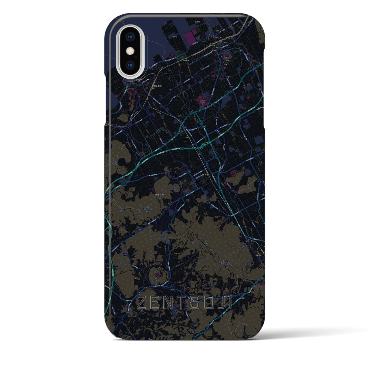 【善通寺】地図柄iPhoneケース（バックカバータイプ・ブラック）iPhone XS Max 用