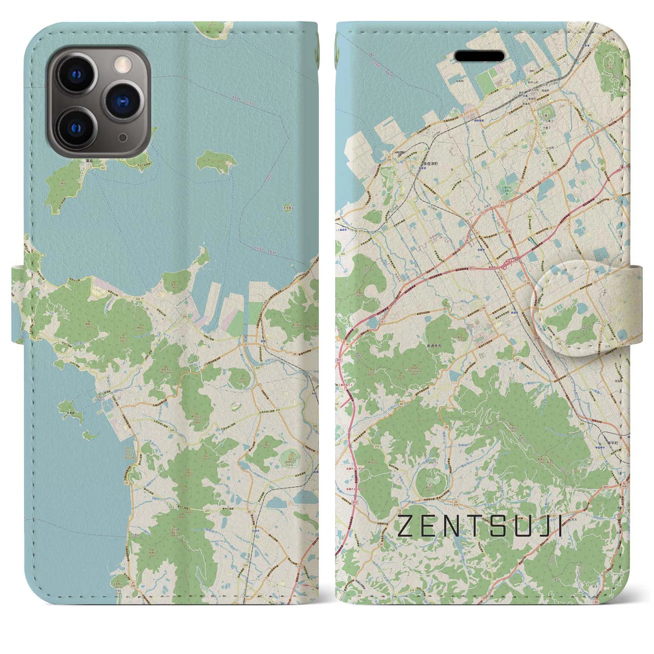 【善通寺】地図柄iPhoneケース（手帳両面タイプ・ナチュラル）iPhone 11 Pro Max 用