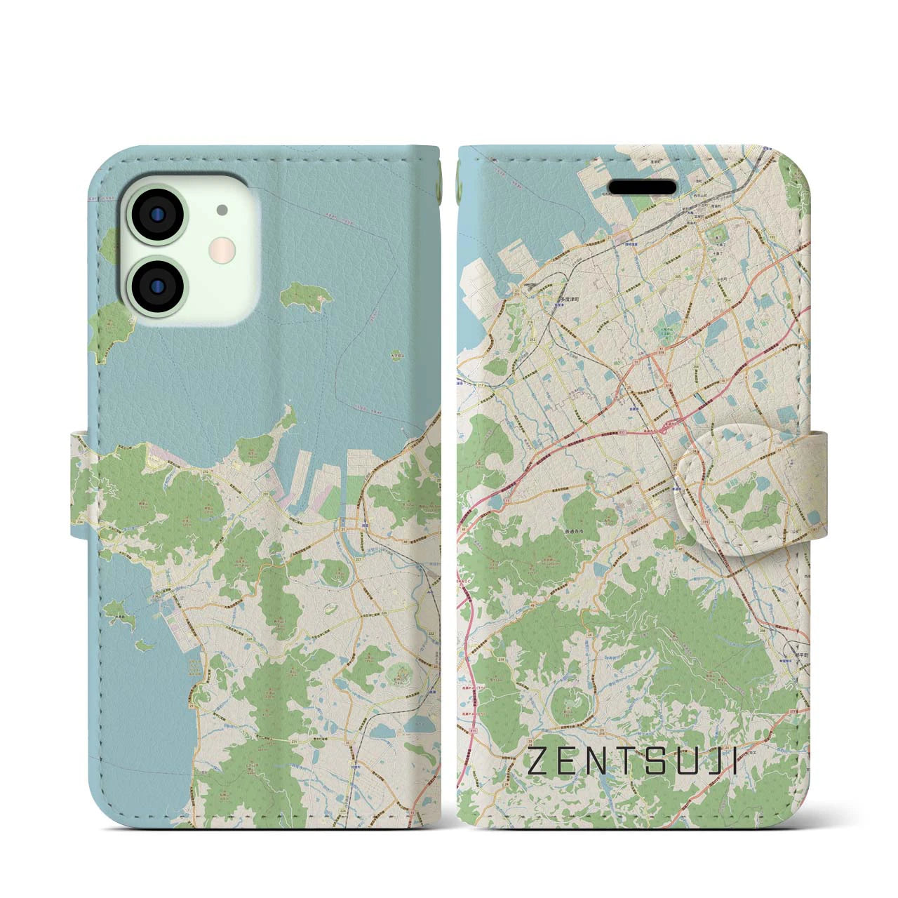 【善通寺】地図柄iPhoneケース（手帳両面タイプ・ナチュラル）iPhone 12 mini 用