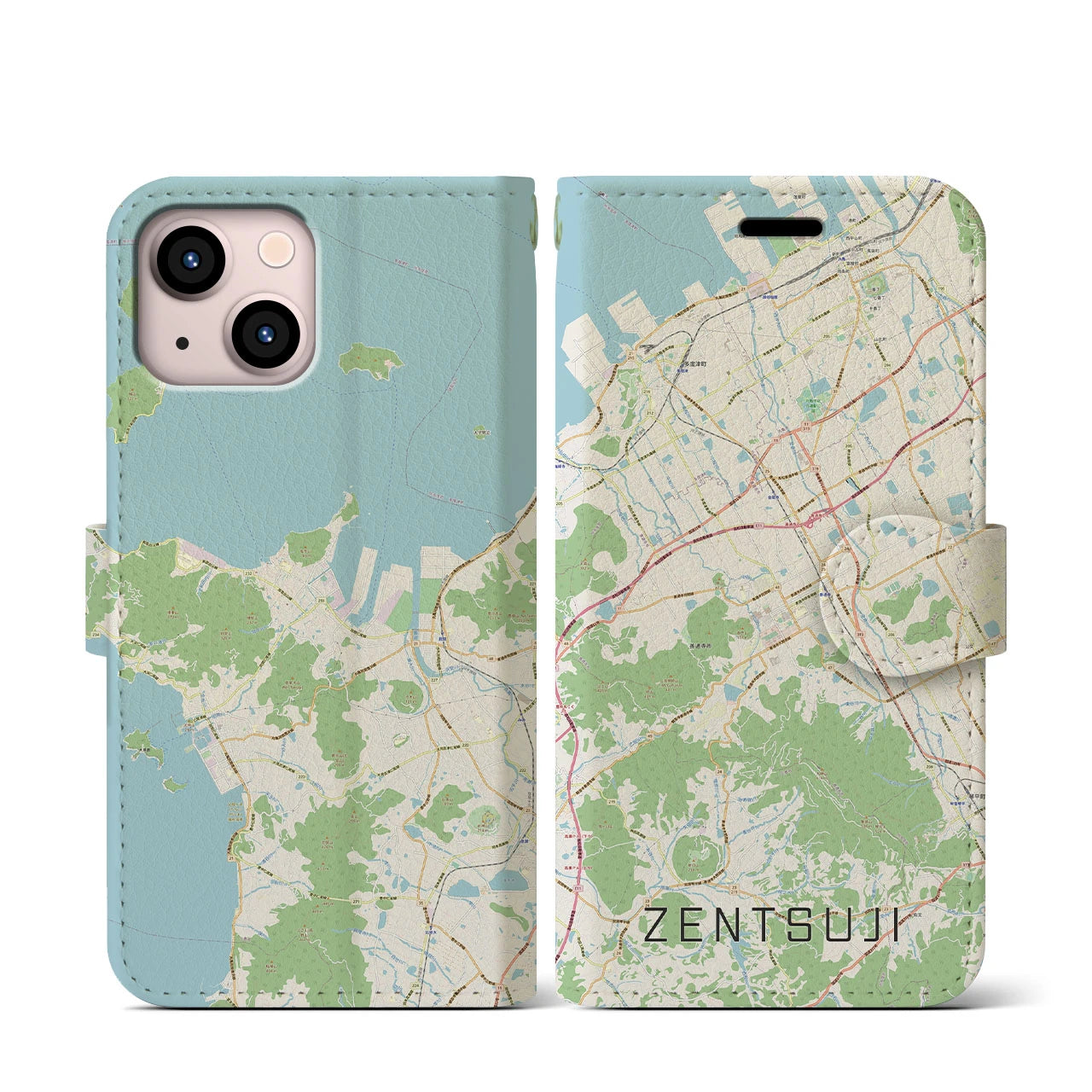 【善通寺】地図柄iPhoneケース（手帳両面タイプ・ナチュラル）iPhone 13 mini 用