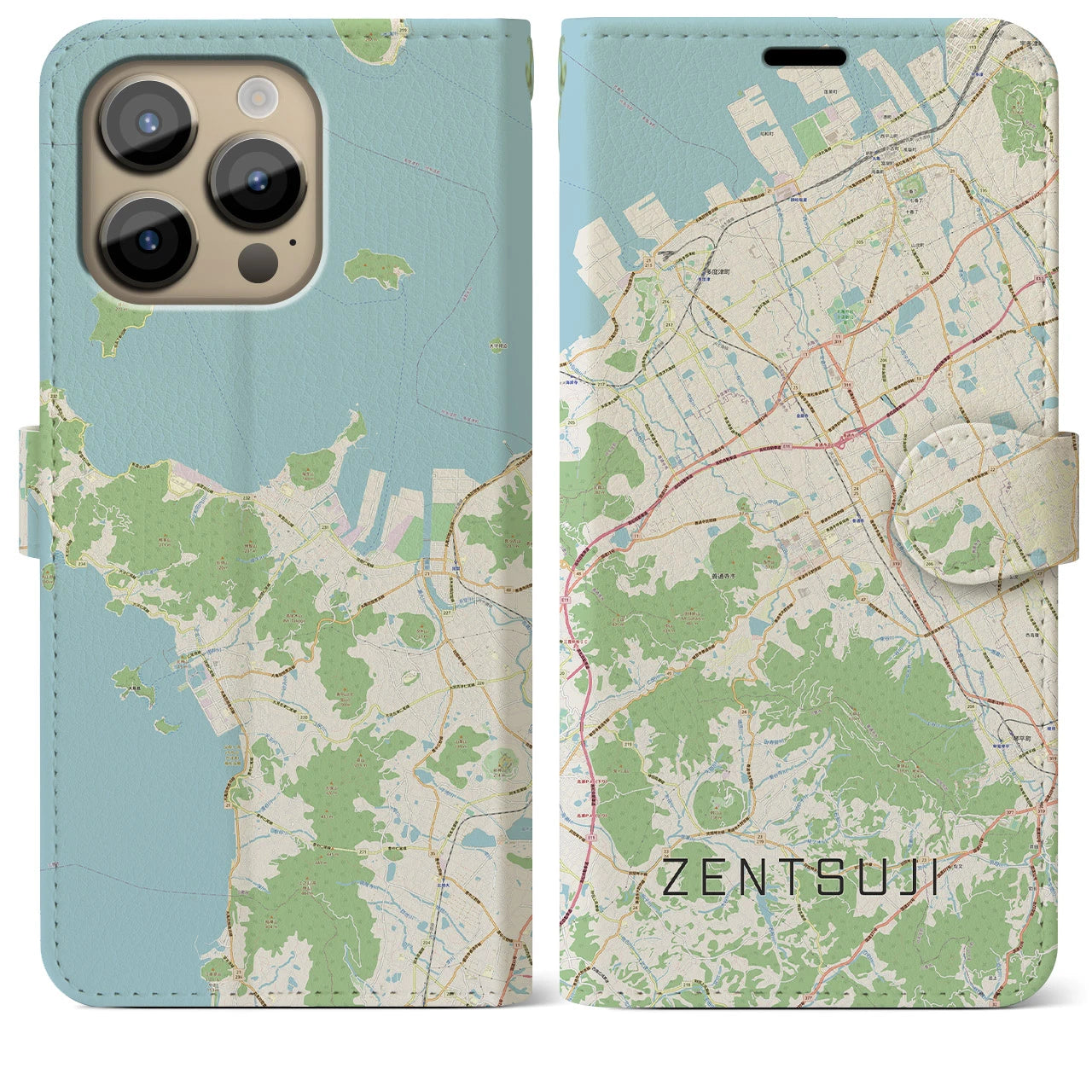 【善通寺】地図柄iPhoneケース（手帳両面タイプ・ナチュラル）iPhone 14 Pro Max 用