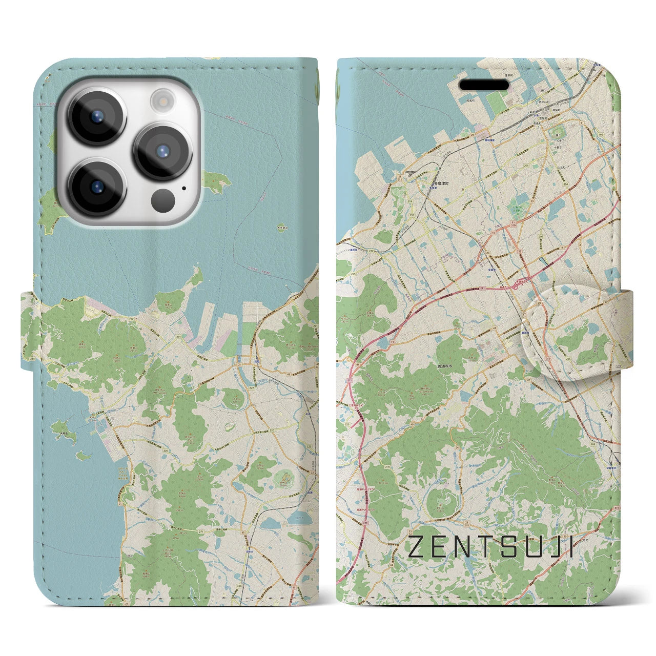 【善通寺】地図柄iPhoneケース（手帳両面タイプ・ナチュラル）iPhone 14 Pro 用