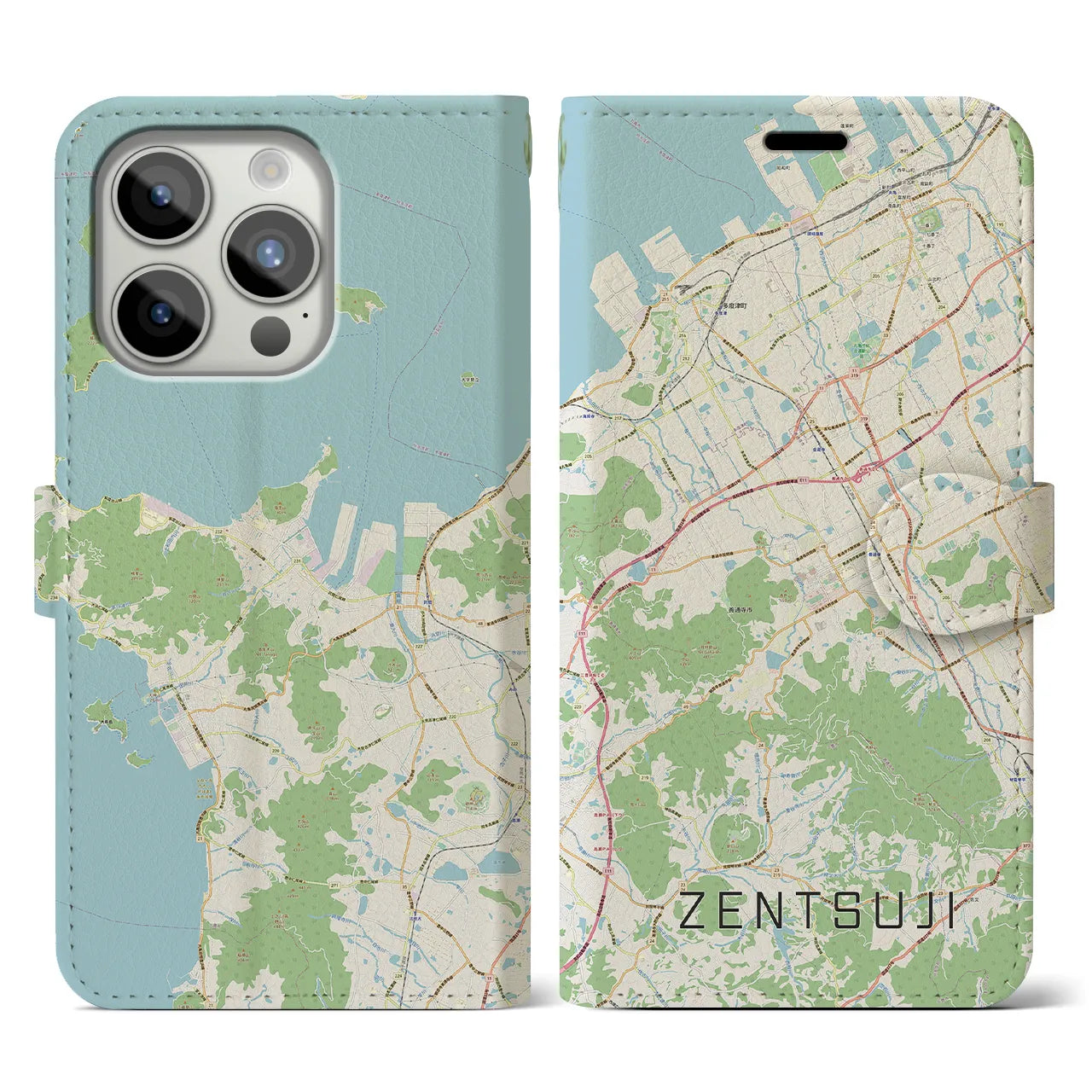 【善通寺】地図柄iPhoneケース（手帳両面タイプ・ナチュラル）iPhone 15 Pro 用