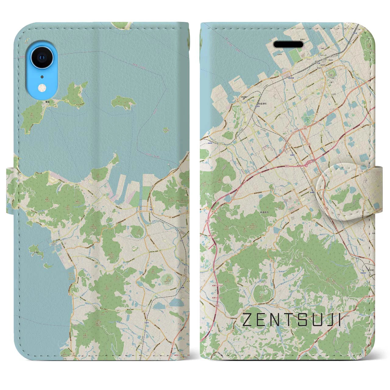 【善通寺】地図柄iPhoneケース（手帳両面タイプ・ナチュラル）iPhone XR 用