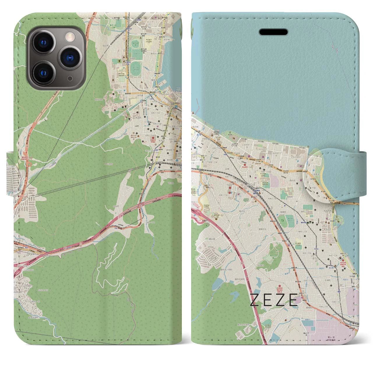 【膳所】地図柄iPhoneケース（手帳両面タイプ・ナチュラル）iPhone 11 Pro Max 用