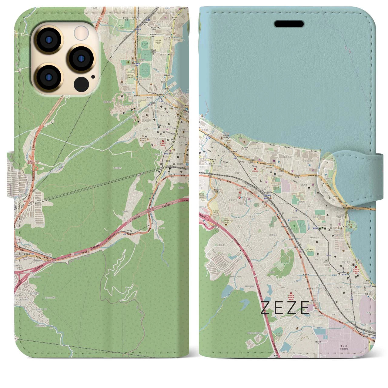 【膳所】地図柄iPhoneケース（手帳両面タイプ・ナチュラル）iPhone 12 Pro Max 用