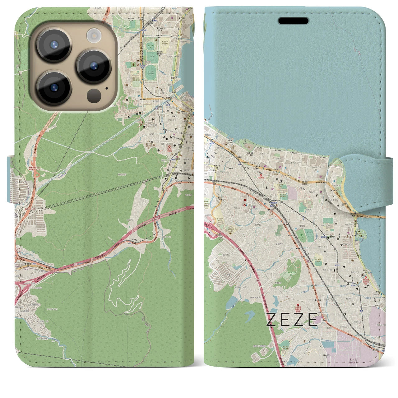 【膳所】地図柄iPhoneケース（手帳両面タイプ・ナチュラル）iPhone 14 Pro Max 用