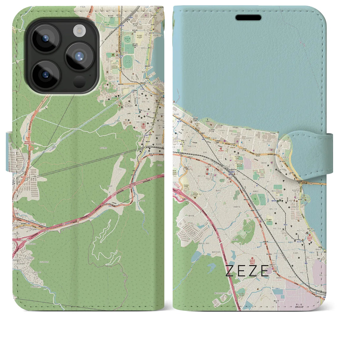 【膳所】地図柄iPhoneケース（手帳両面タイプ・ナチュラル）iPhone 15 Pro Max 用
