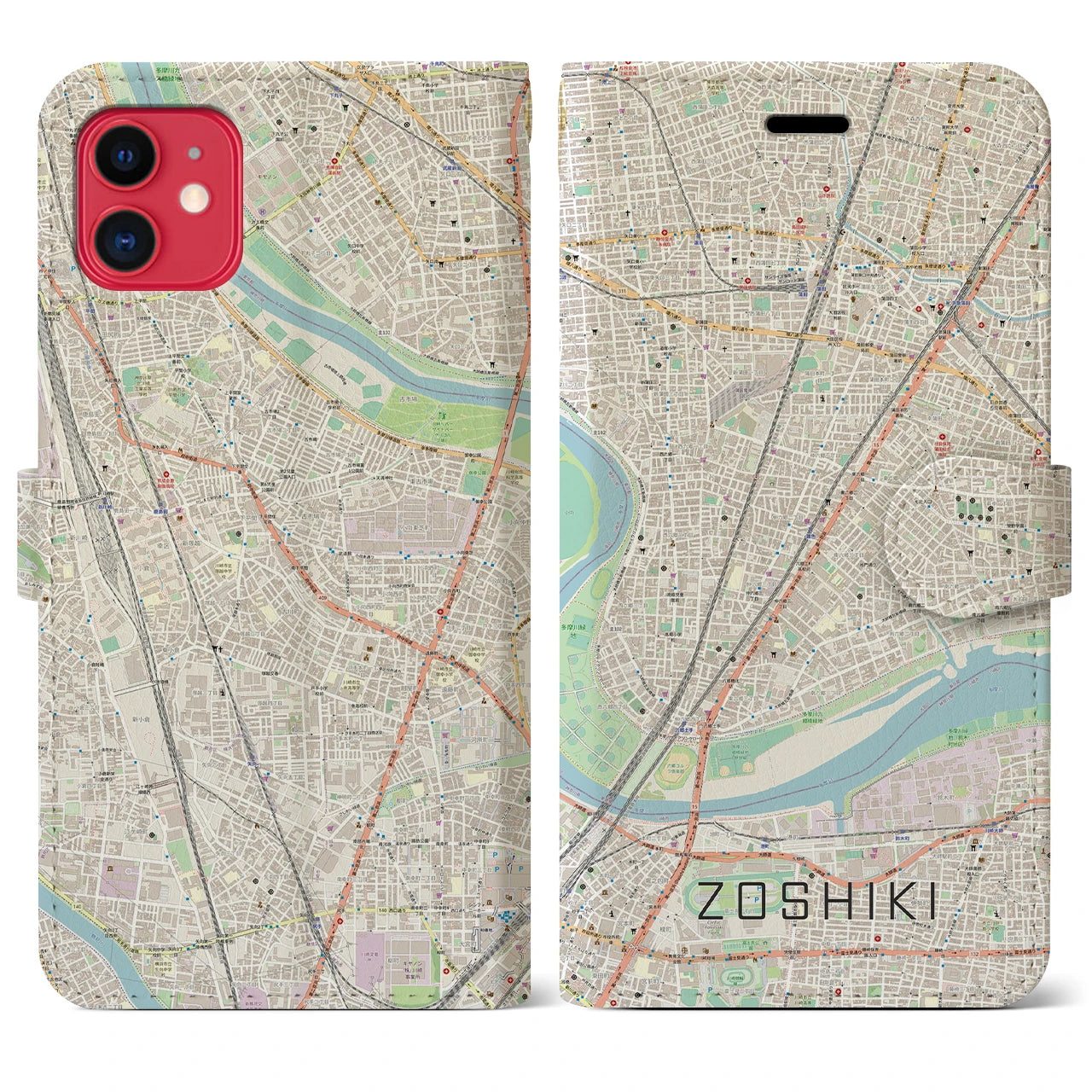 【雑色】地図柄iPhoneケース（手帳両面タイプ・ナチュラル）iPhone 11 用