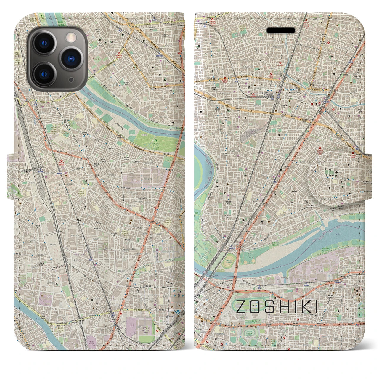 【雑色】地図柄iPhoneケース（手帳両面タイプ・ナチュラル）iPhone 11 Pro Max 用