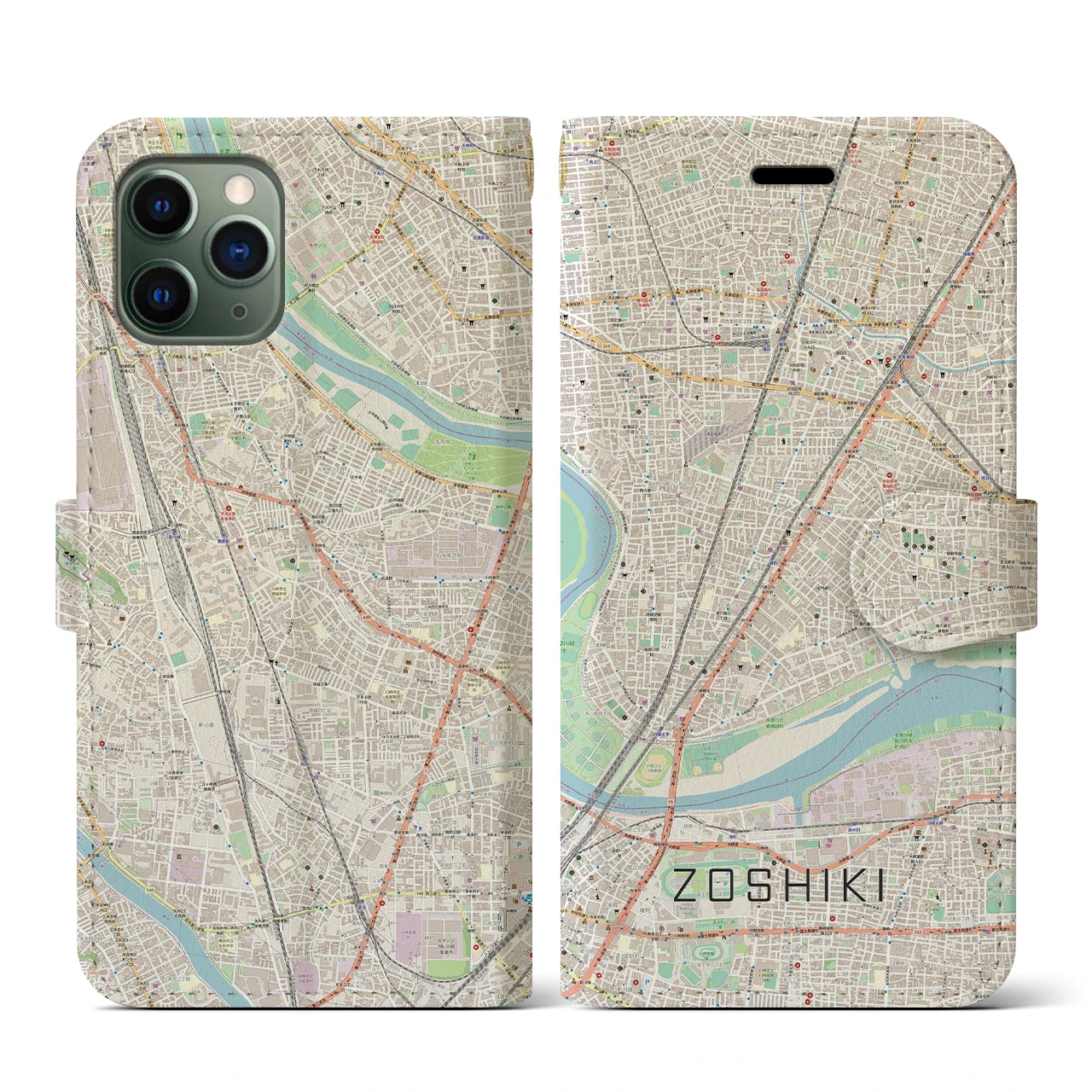 【雑色】地図柄iPhoneケース（手帳両面タイプ・ナチュラル）iPhone 11 Pro 用
