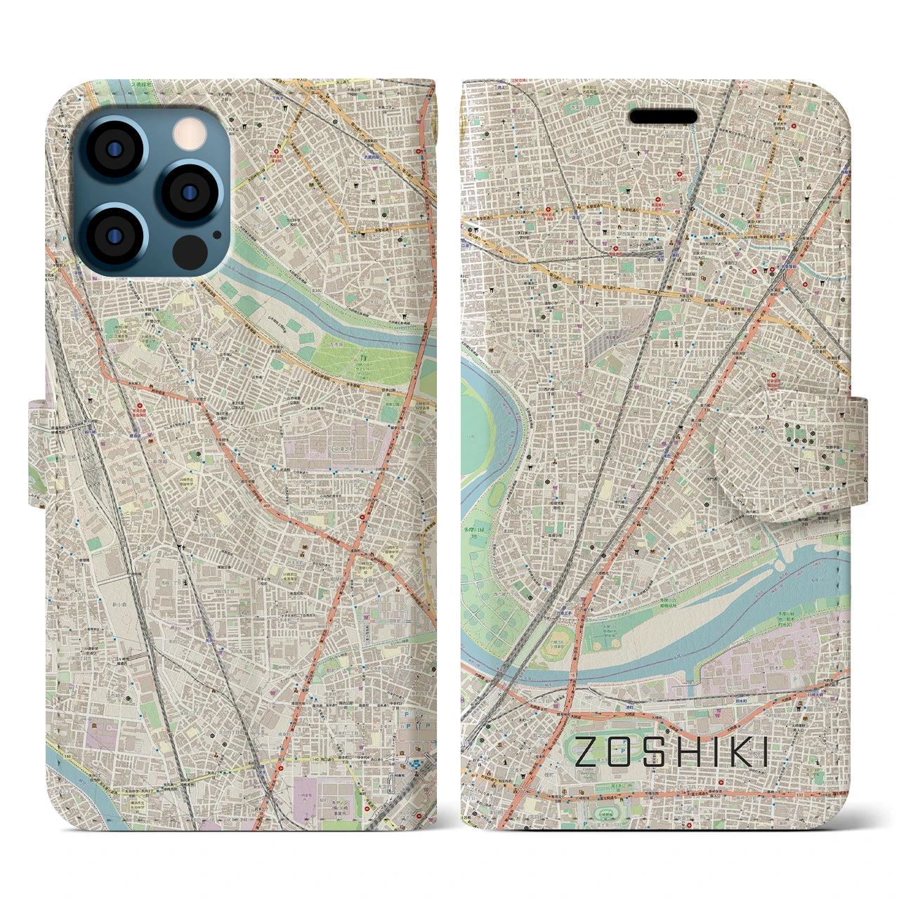 【雑色】地図柄iPhoneケース（手帳両面タイプ・ナチュラル）iPhone 12 / 12 Pro 用