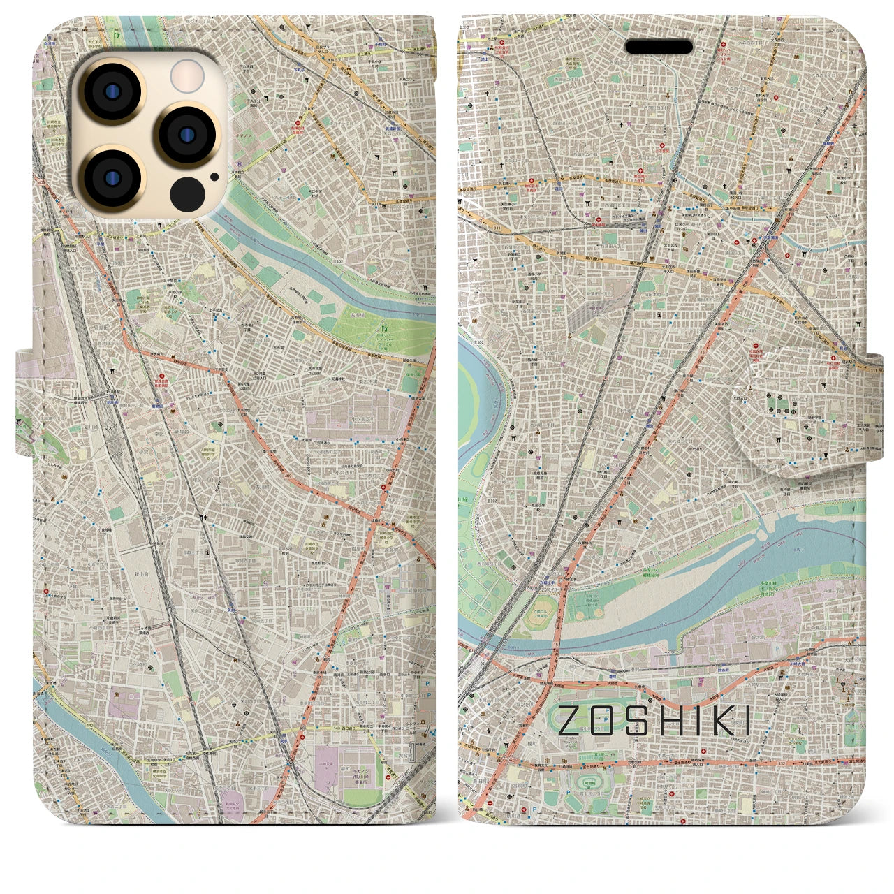 【雑色】地図柄iPhoneケース（手帳両面タイプ・ナチュラル）iPhone 12 Pro Max 用