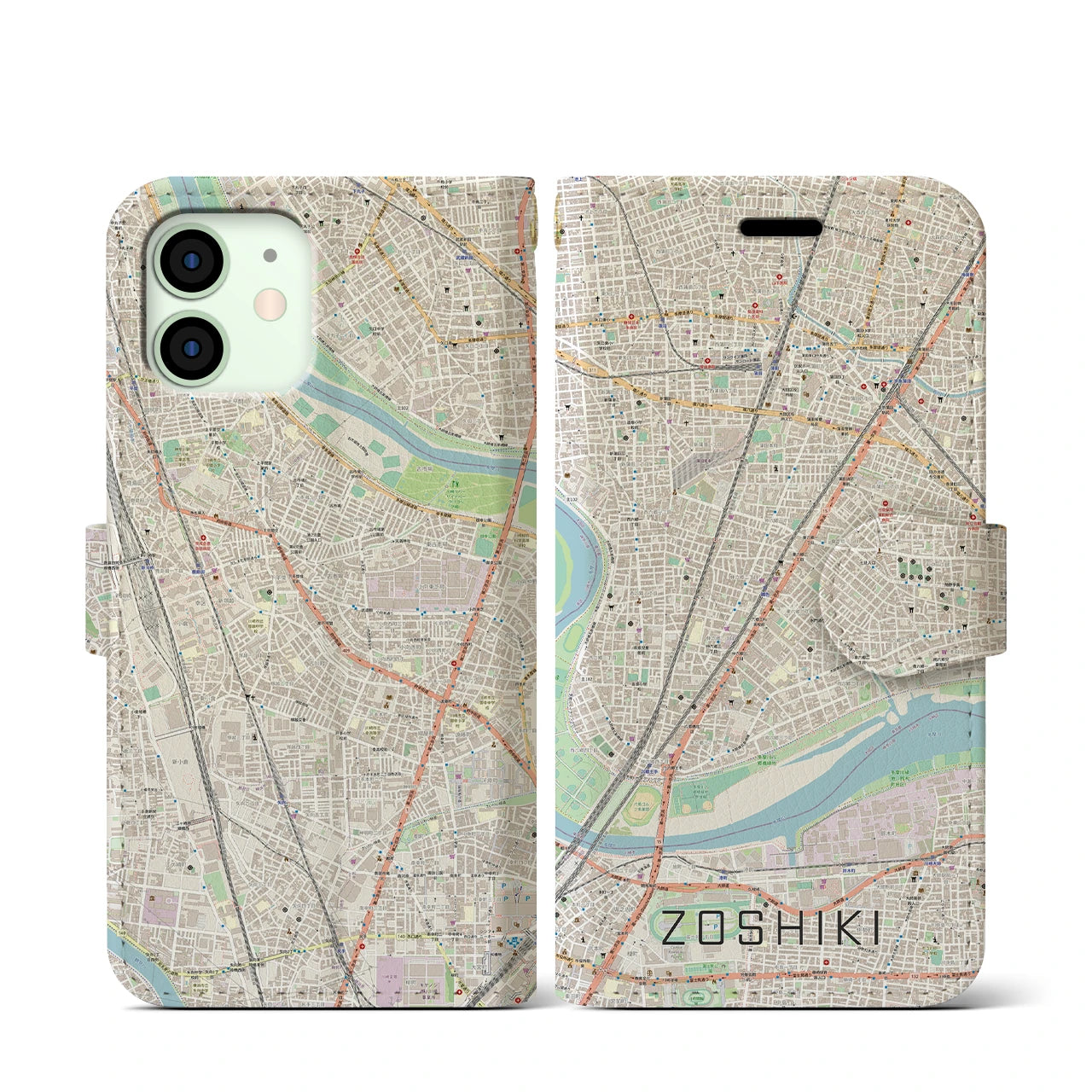 【雑色】地図柄iPhoneケース（手帳両面タイプ・ナチュラル）iPhone 12 mini 用