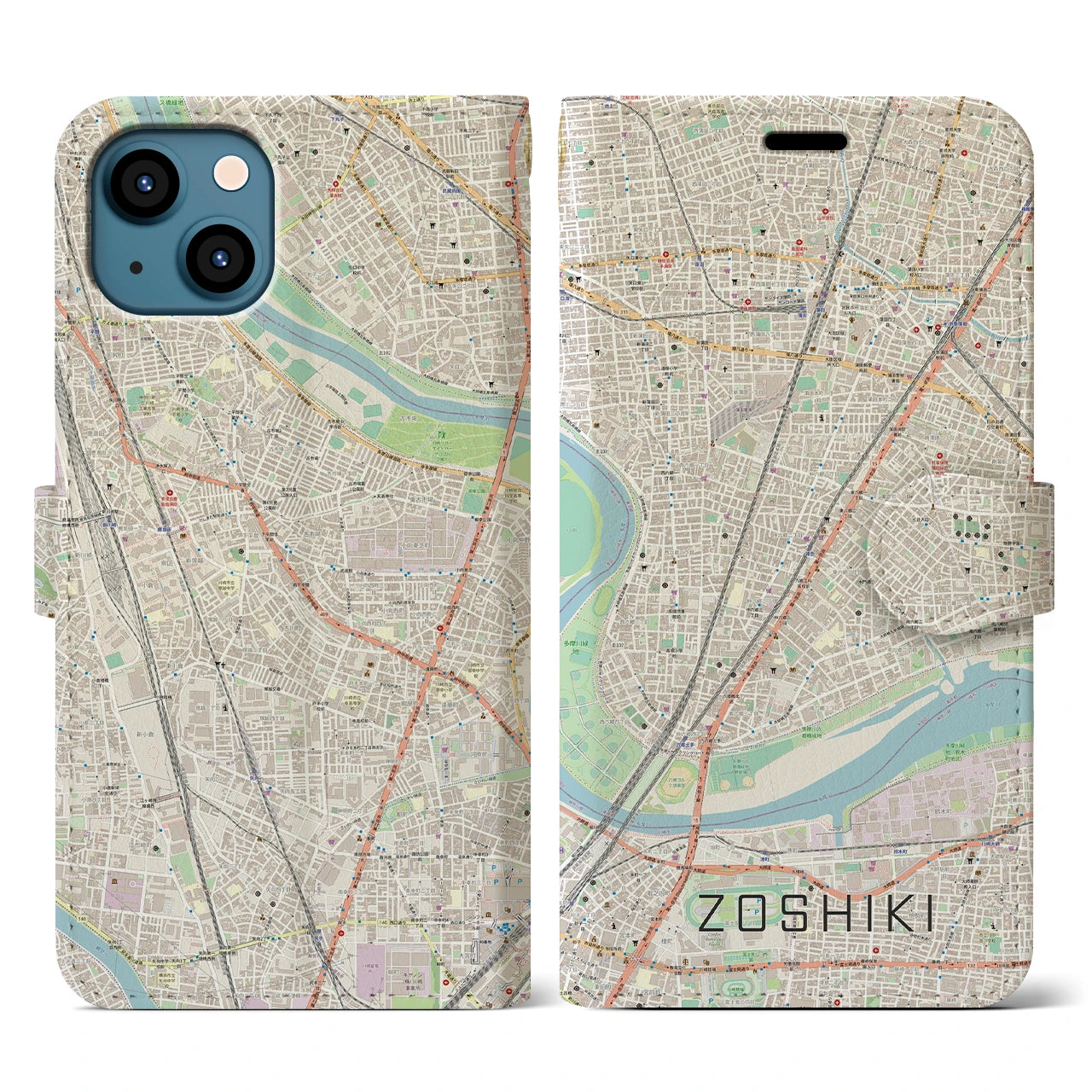 【雑色】地図柄iPhoneケース（手帳両面タイプ・ナチュラル）iPhone 13 用