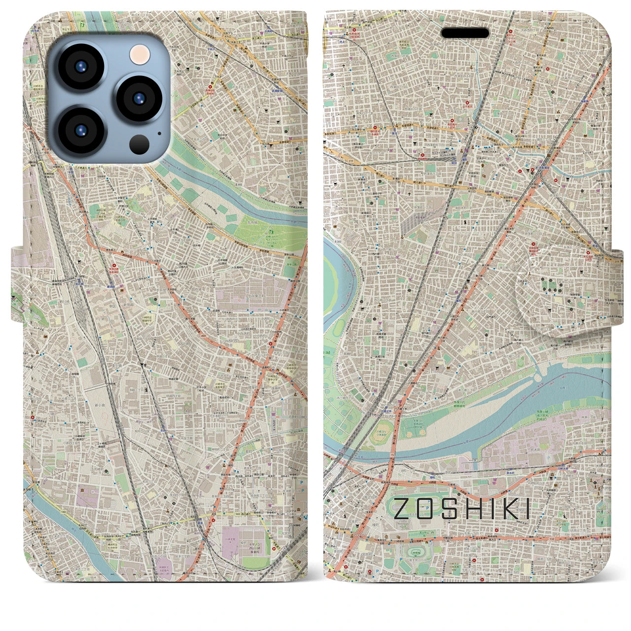 【雑色】地図柄iPhoneケース（手帳両面タイプ・ナチュラル）iPhone 13 Pro Max 用