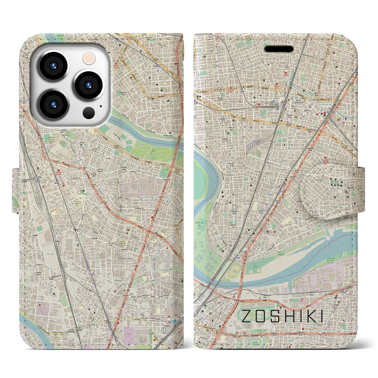 【雑色】地図柄iPhoneケース（手帳両面タイプ・ナチュラル）iPhone 13 Pro 用