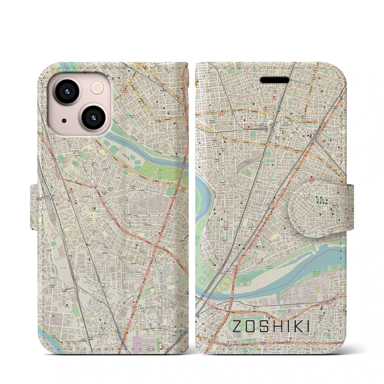 【雑色】地図柄iPhoneケース（手帳両面タイプ・ナチュラル）iPhone 13 mini 用