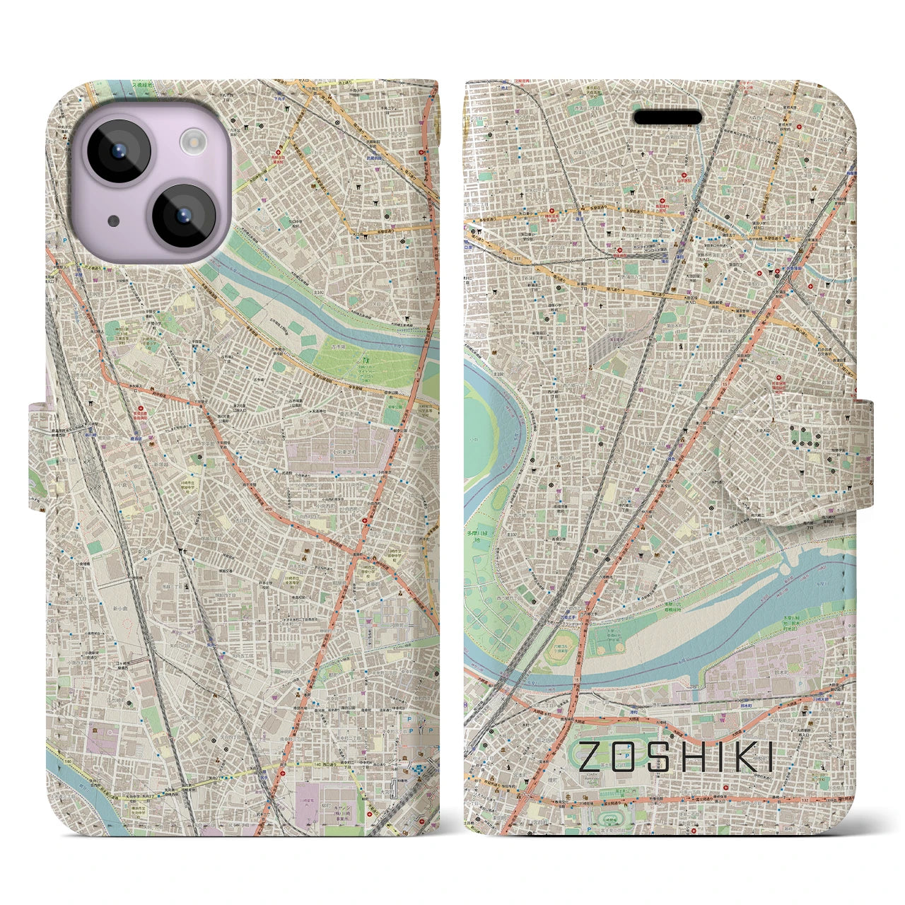 【雑色】地図柄iPhoneケース（手帳両面タイプ・ナチュラル）iPhone 14 用