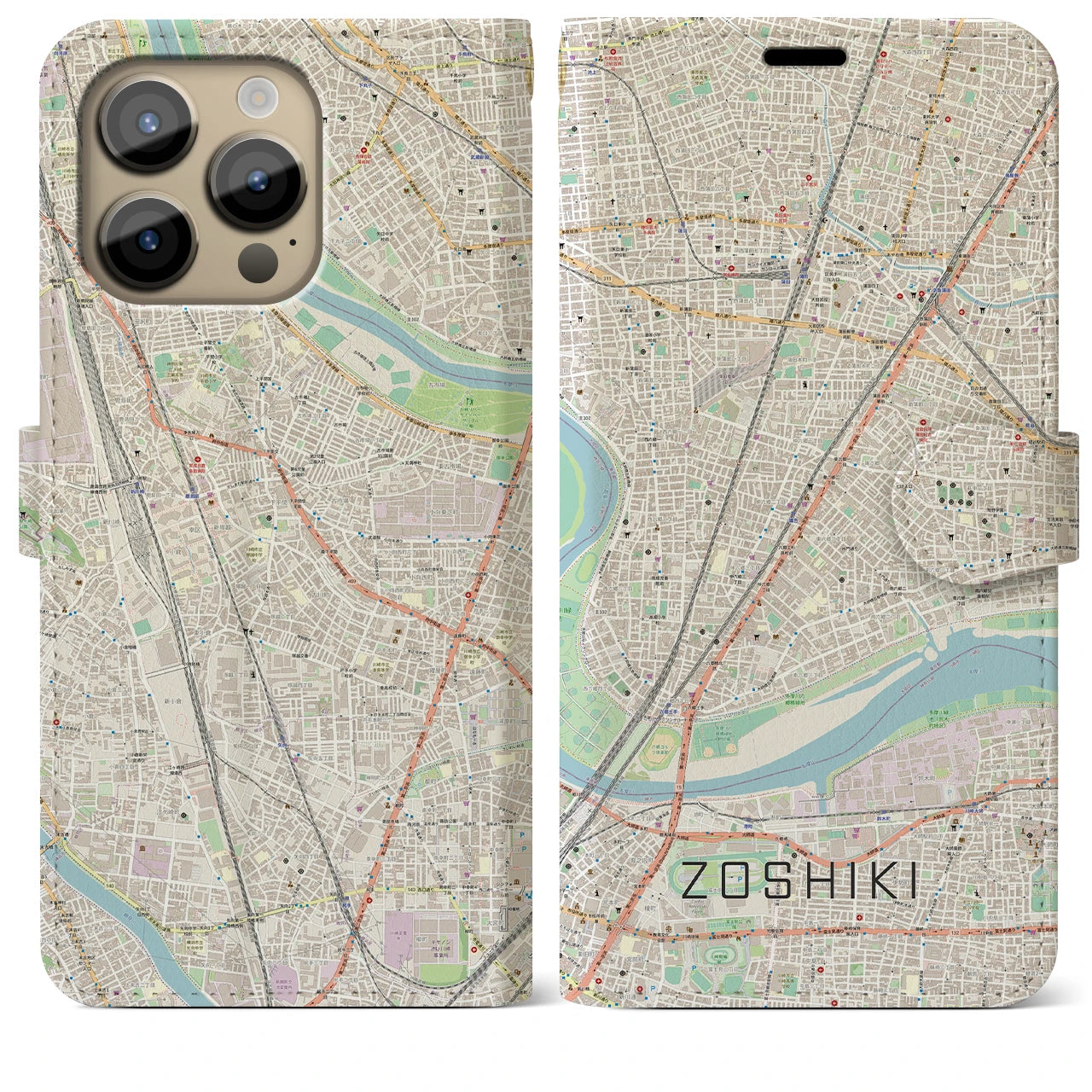 【雑色】地図柄iPhoneケース（手帳両面タイプ・ナチュラル）iPhone 14 Pro Max 用