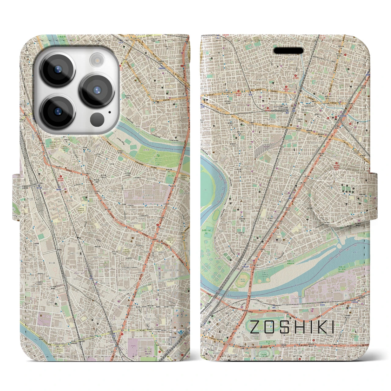 【雑色】地図柄iPhoneケース（手帳両面タイプ・ナチュラル）iPhone 14 Pro 用