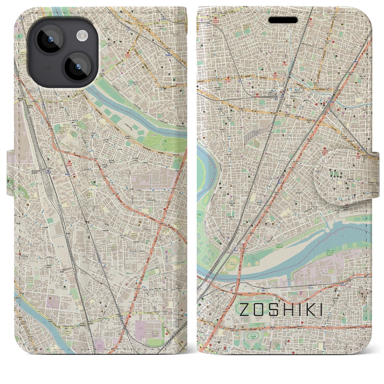 【雑色】地図柄iPhoneケース（手帳両面タイプ・ナチュラル）iPhone 14 Plus 用