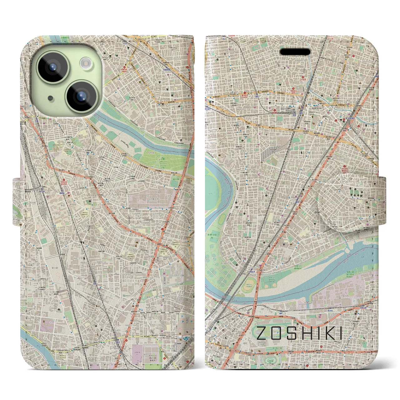 【雑色】地図柄iPhoneケース（手帳両面タイプ・ナチュラル）iPhone 15 用