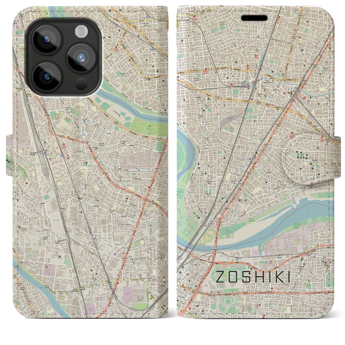 【雑色】地図柄iPhoneケース（手帳両面タイプ・ナチュラル）iPhone 15 Pro Max 用