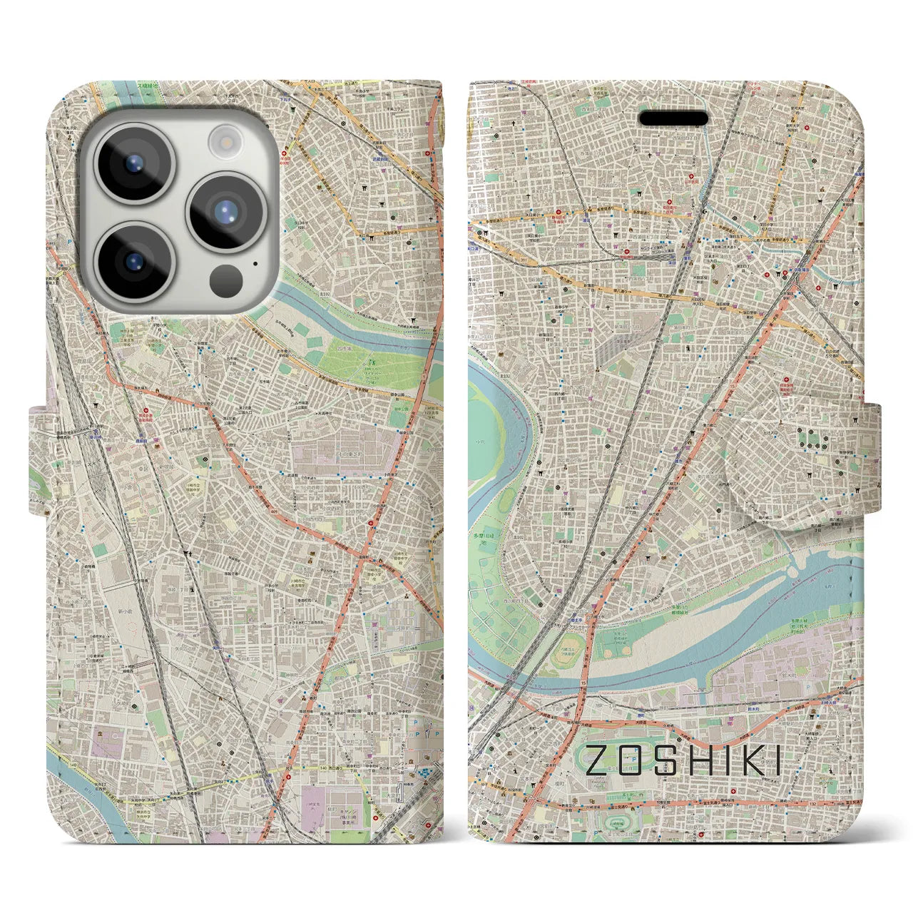 【雑色】地図柄iPhoneケース（手帳両面タイプ・ナチュラル）iPhone 15 Pro 用