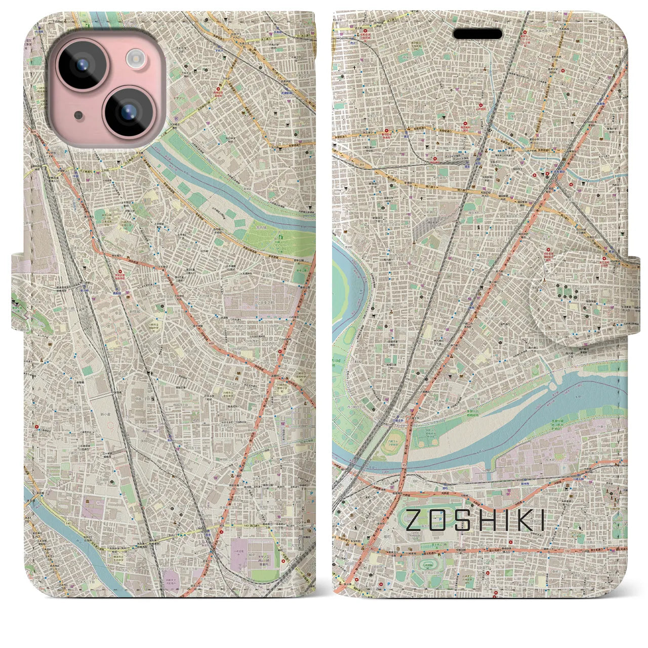 【雑色】地図柄iPhoneケース（手帳両面タイプ・ナチュラル）iPhone 15 Plus 用