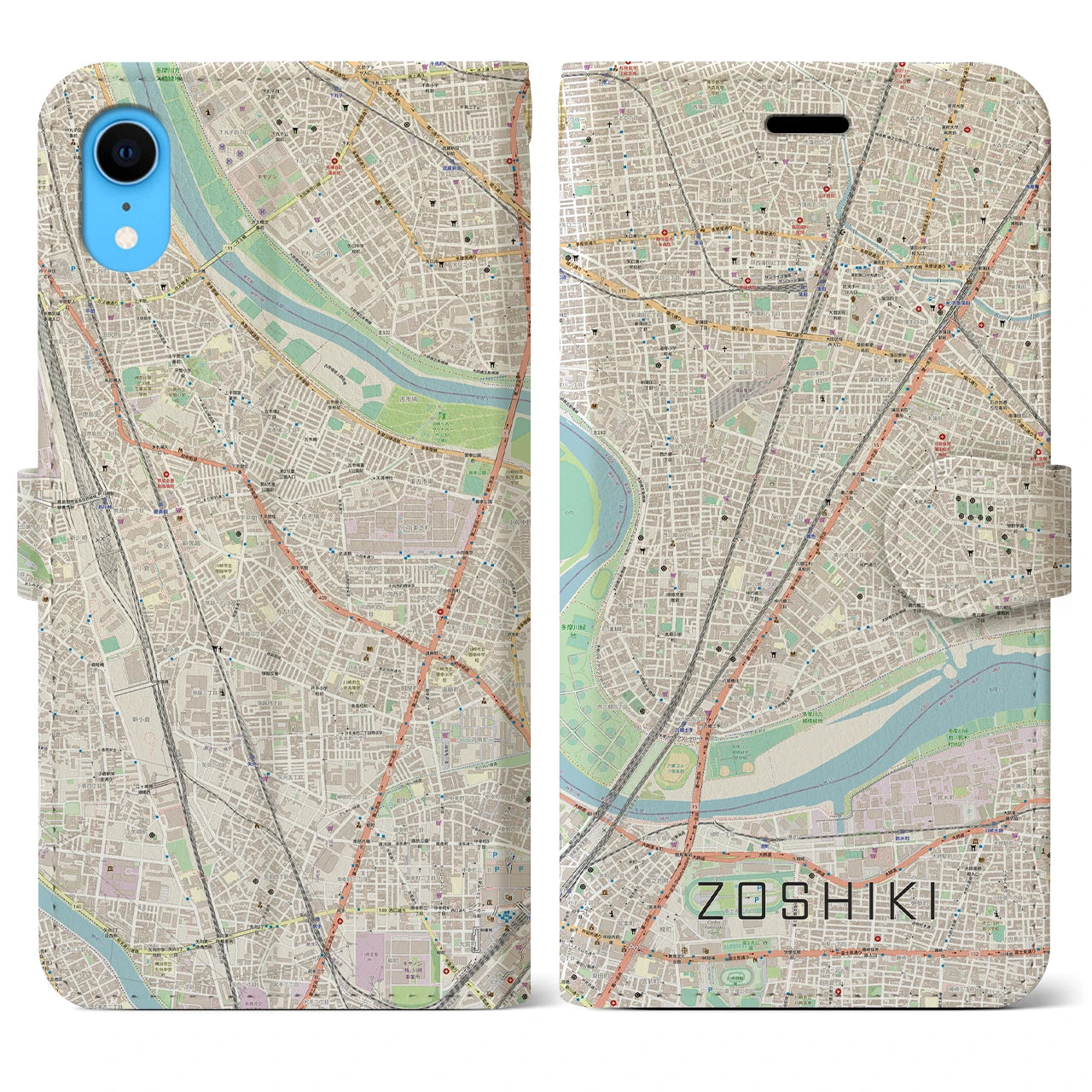 【雑色】地図柄iPhoneケース（手帳両面タイプ・ナチュラル）iPhone XR 用