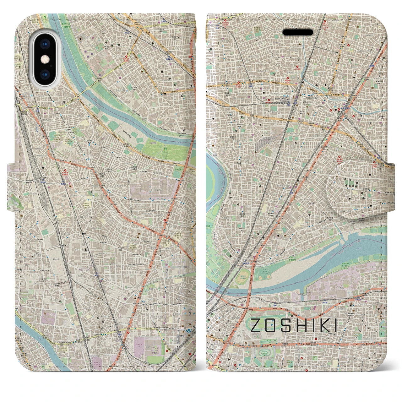 【雑色】地図柄iPhoneケース（手帳両面タイプ・ナチュラル）iPhone XS Max 用