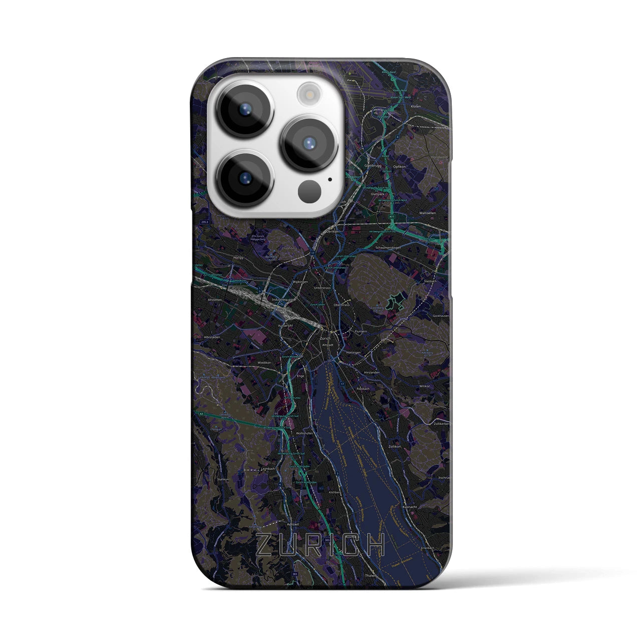 【チューリッヒ】地図柄iPhoneケース（バックカバータイプ・ブラック）iPhone 14 Pro 用