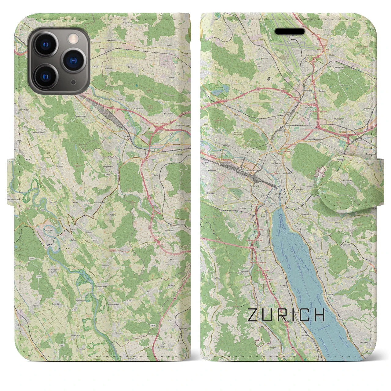 【チューリッヒ】地図柄iPhoneケース（手帳両面タイプ・ナチュラル）iPhone 11 Pro Max 用