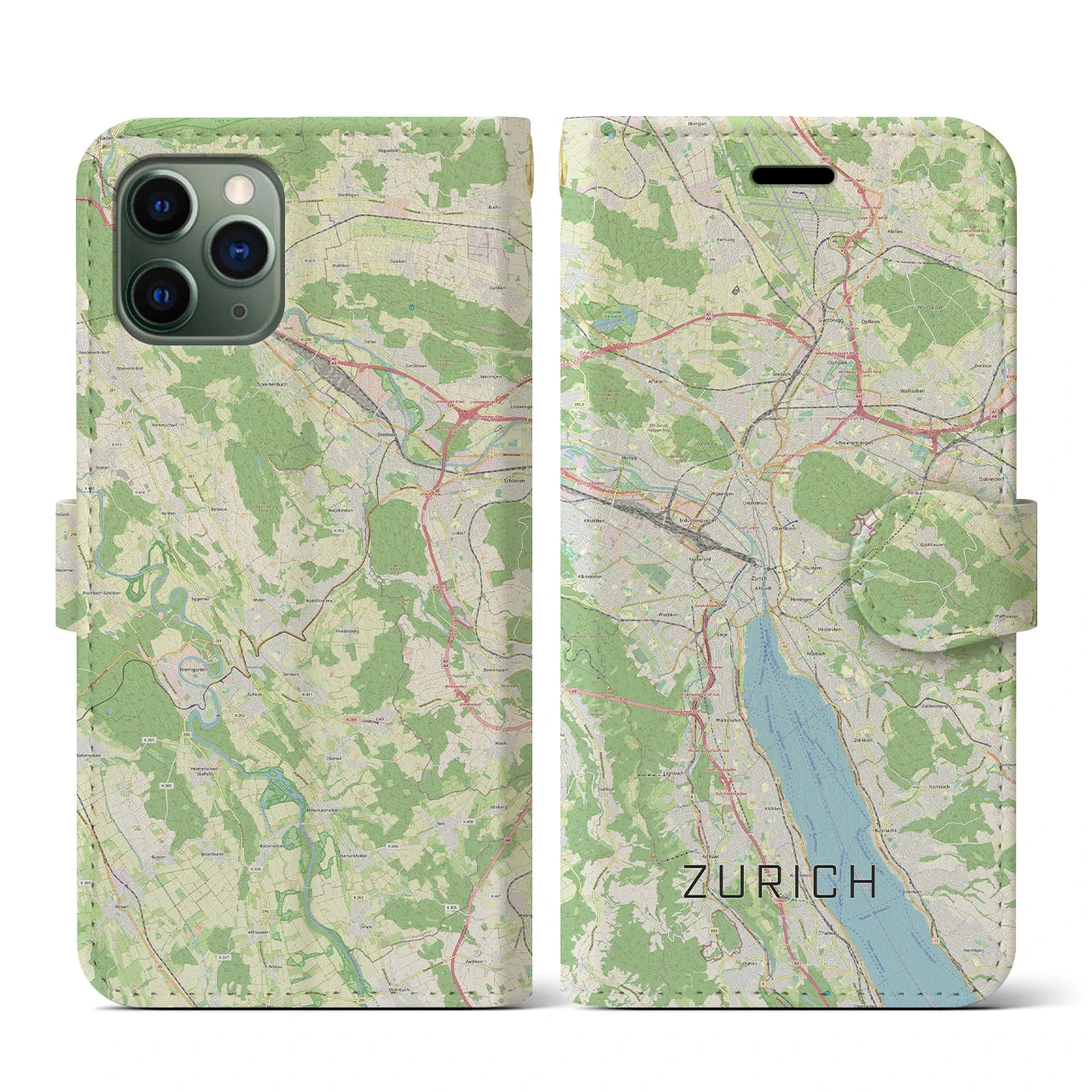【チューリッヒ】地図柄iPhoneケース（手帳両面タイプ・ナチュラル）iPhone 11 Pro 用