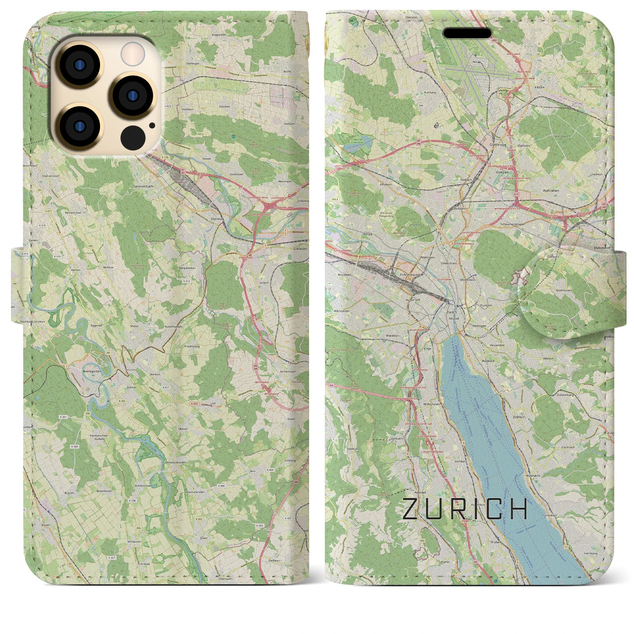 【チューリッヒ】地図柄iPhoneケース（手帳両面タイプ・ナチュラル）iPhone 12 Pro Max 用