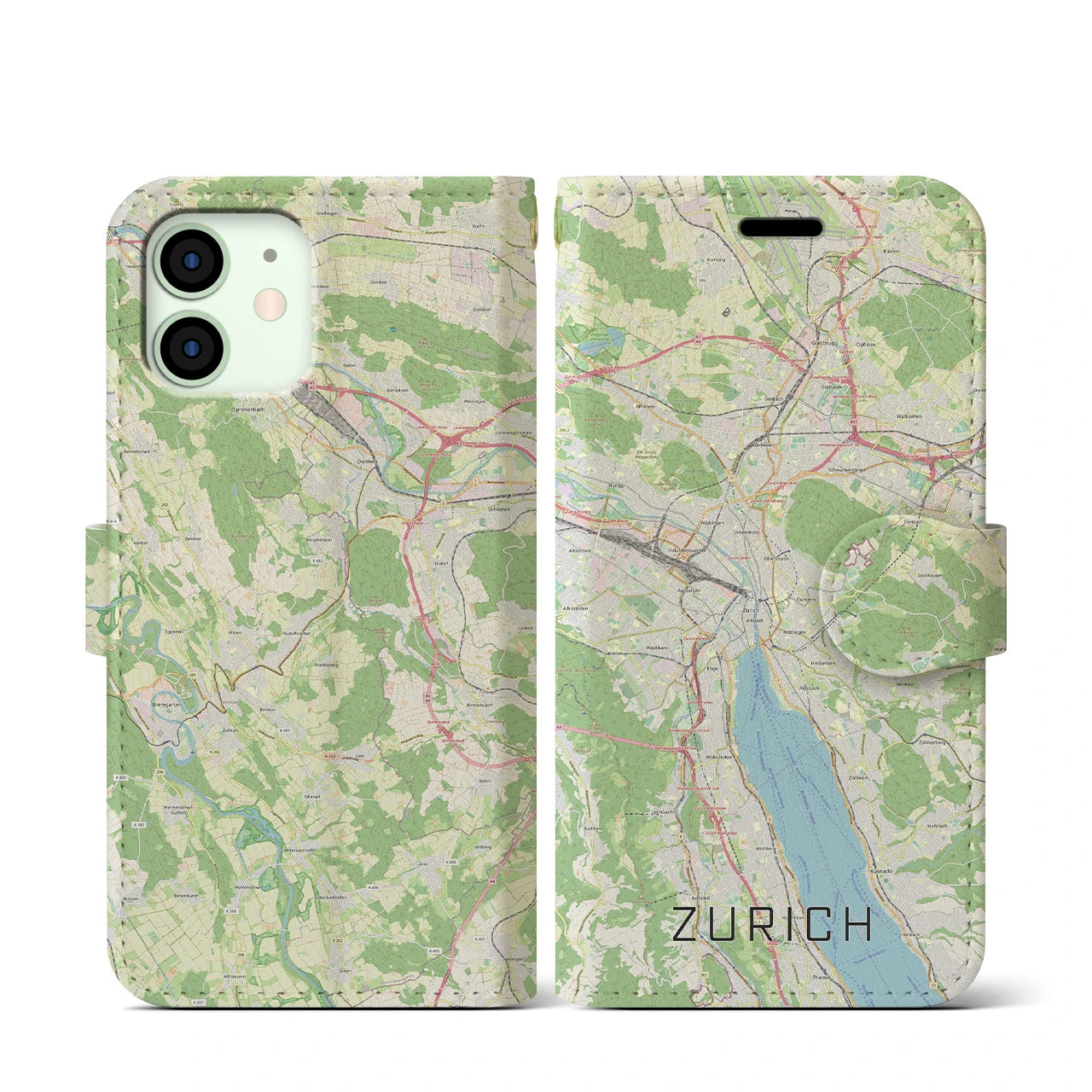 【チューリッヒ】地図柄iPhoneケース（手帳両面タイプ・ナチュラル）iPhone 12 mini 用