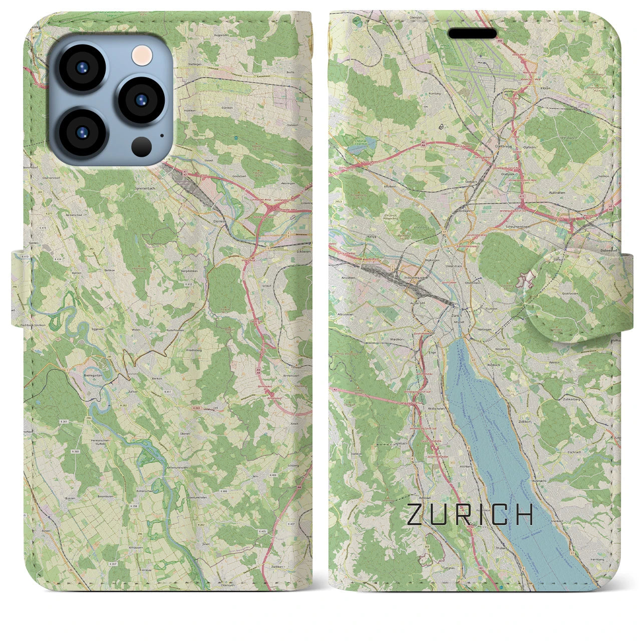 【チューリッヒ】地図柄iPhoneケース（手帳両面タイプ・ナチュラル）iPhone 13 Pro Max 用