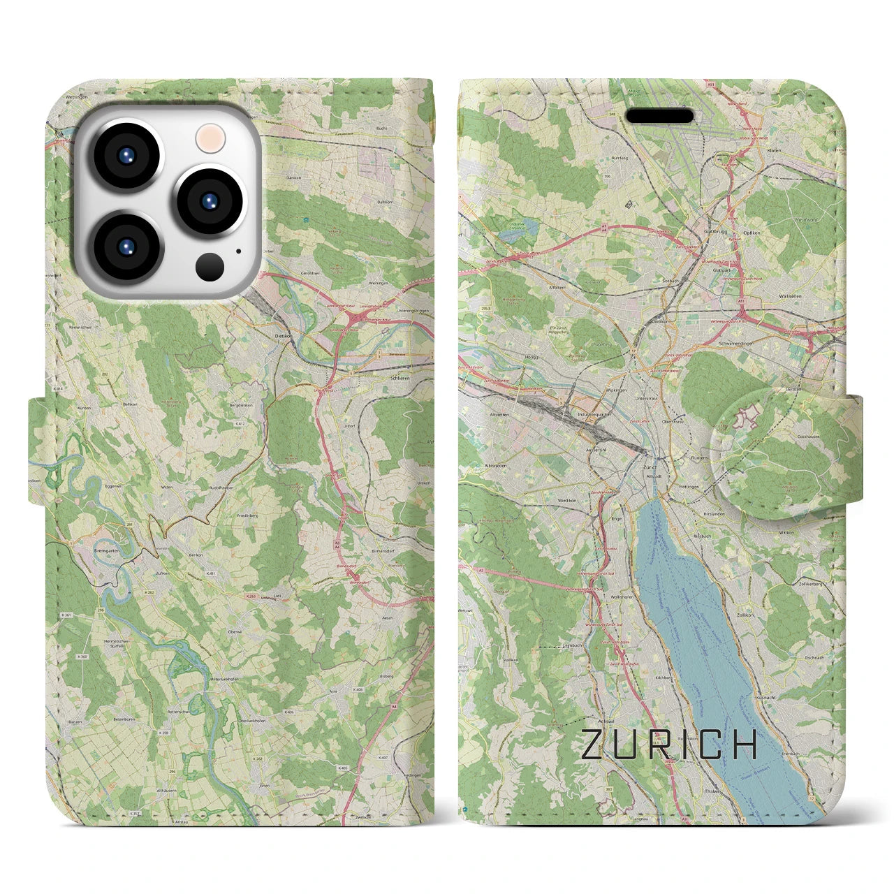 【チューリッヒ】地図柄iPhoneケース（手帳両面タイプ・ナチュラル）iPhone 13 Pro 用